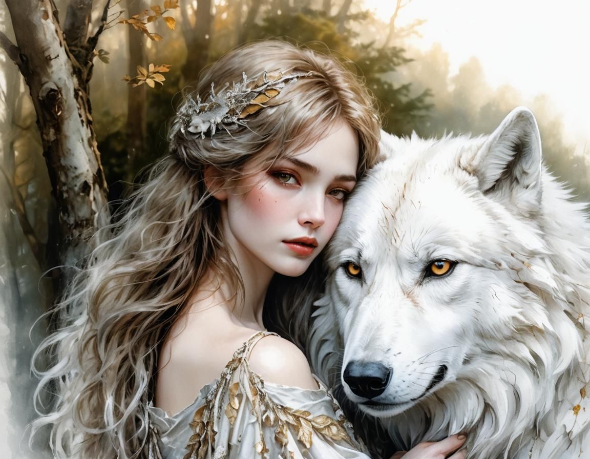Woman and White Wolf in Art Nouveau Forest