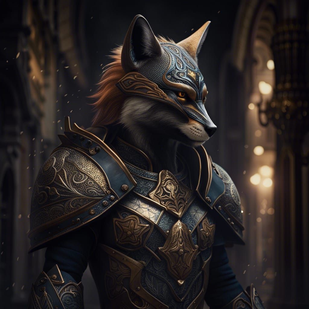 Fox in Damascus Armor Under a Moody Sky