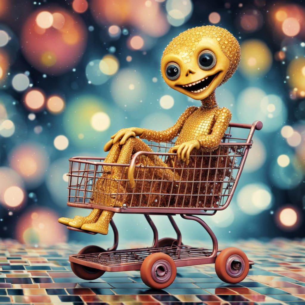 Whimsical Alien in Sparkling Shopping Cart Collage
