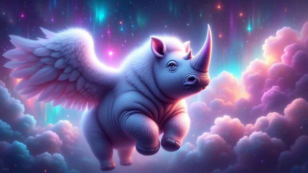 Luminous Rhino Soaring Through Nebula with Ethereal Wings