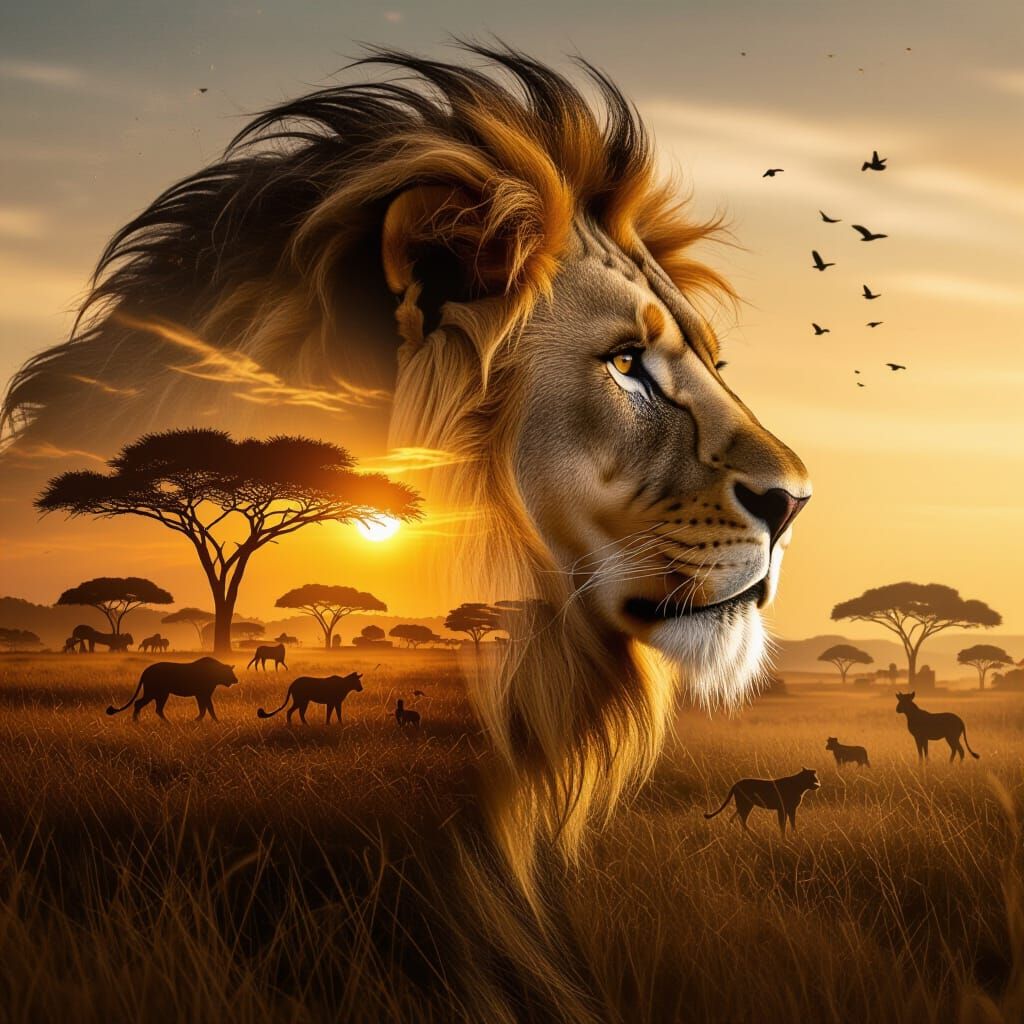 Lion and Savanna Double Exposure Digital Artwork