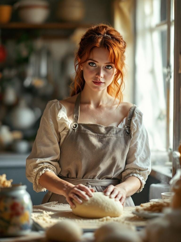 Redhead Baker Kneading Dough in Kitchen, Pop Surreal Style