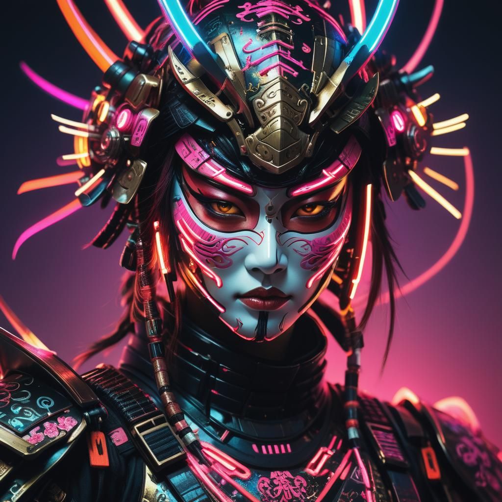 Cyberpunk Samurai Portrait with Neon Lights