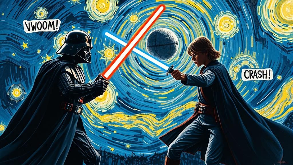 Epic Lightsaber Duel in Post-Impressionist Style