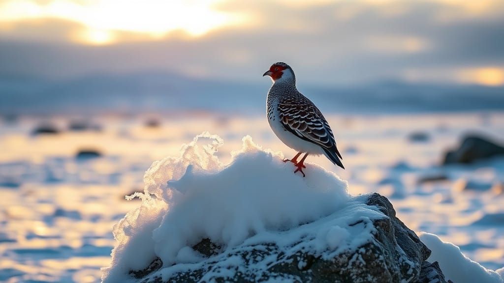 Snowy Tundra Landscape with Ptarmigan Perched on Rock