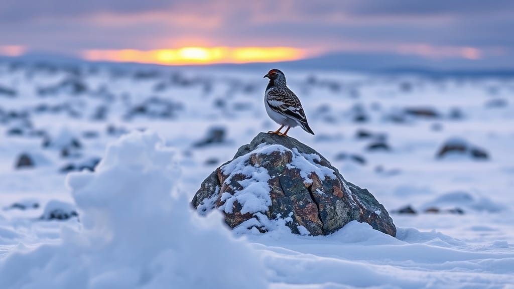 Snowy Tundra Alpenglow with Ptarmigan in Flight