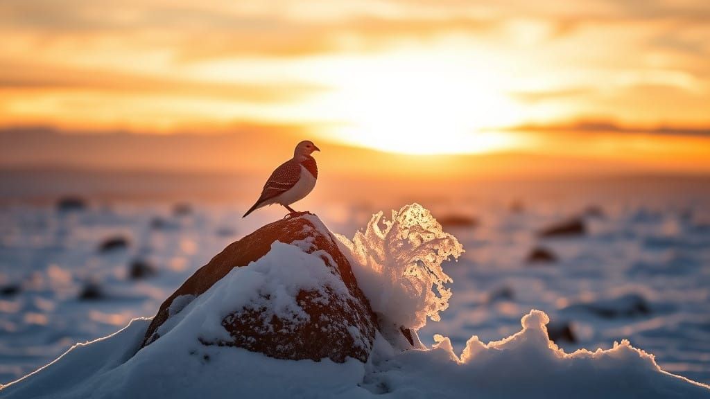 Snowy Tundra Landscape with Ptarmigan Perched on Granite Out...