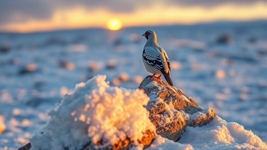 Elegant Ptarmigan in Snowy Tundra Landscape, Set Against Vib...