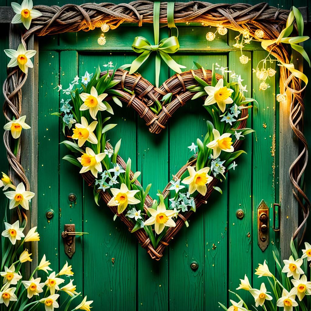 Enchanted Spring Wicker Heart on Old Wooden Door