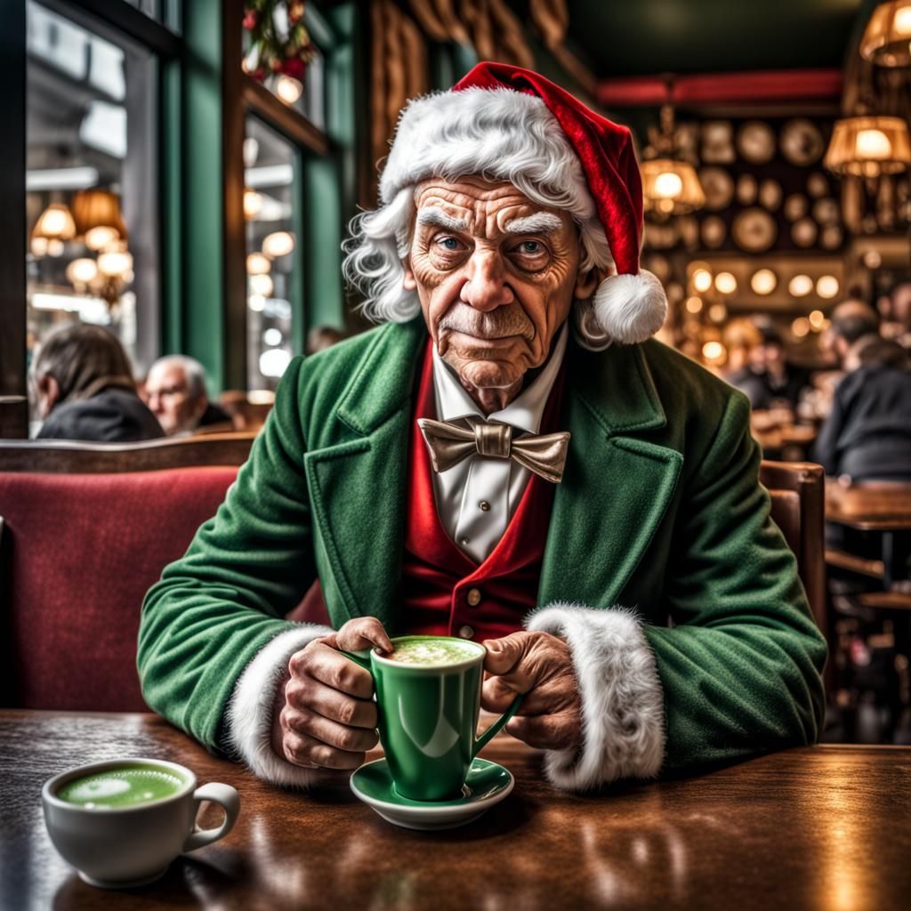 Ebeneezer Scrooge as Santa Drinking Latte