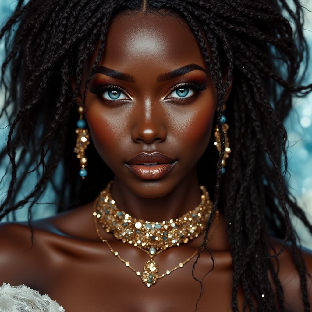 Black Goddess with Celestial Gaze: Hyperrealistic Vogue Port...