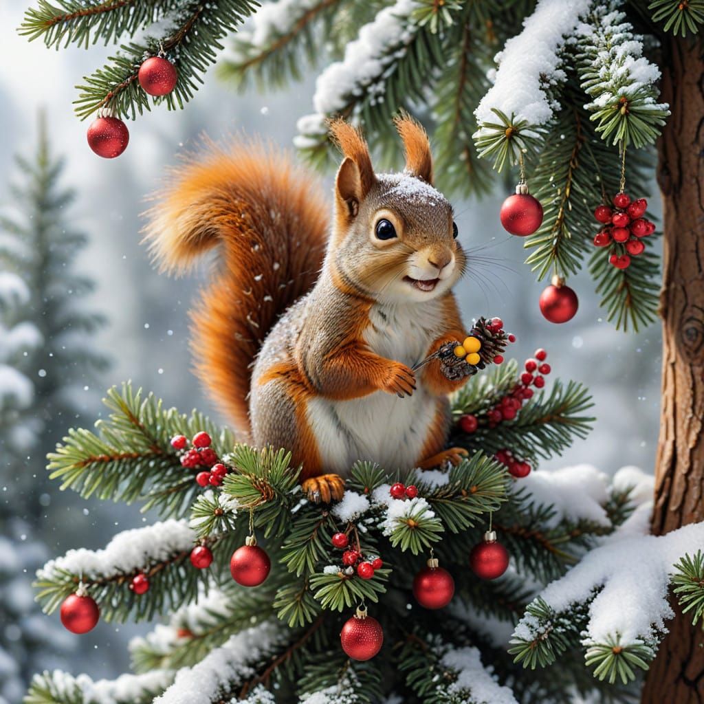 Joyful Squirrel Decorates Winter Wonderland