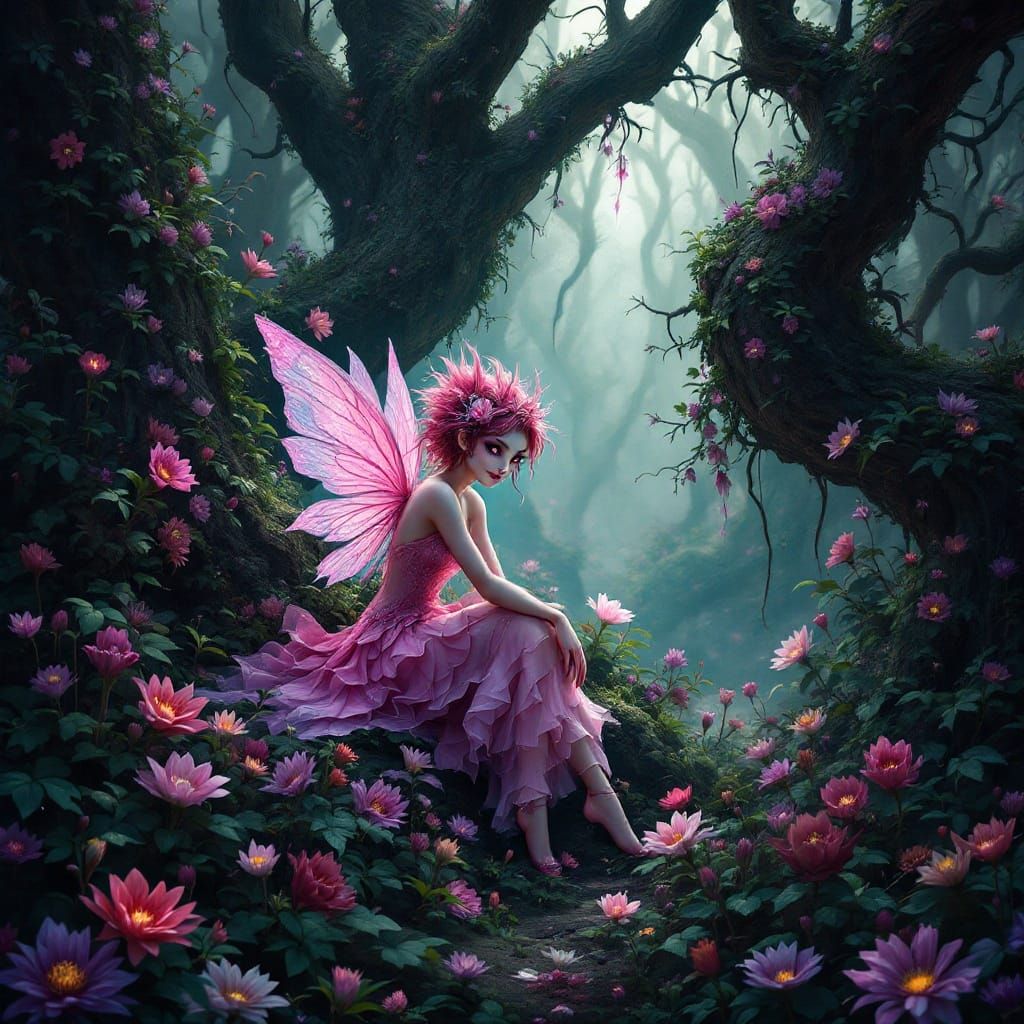 Whimsical Dark Fantasy Art of a Pink Fairy Amidst Deadly Nig...