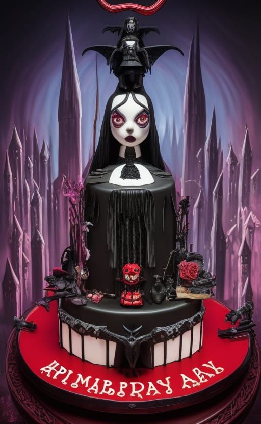 Wednesday Addams Birthday Cake in Gothic Horror Style