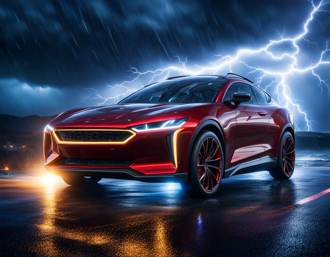 Electric Car Amidst Thunderstorm, Hyperdetailed Fantasy