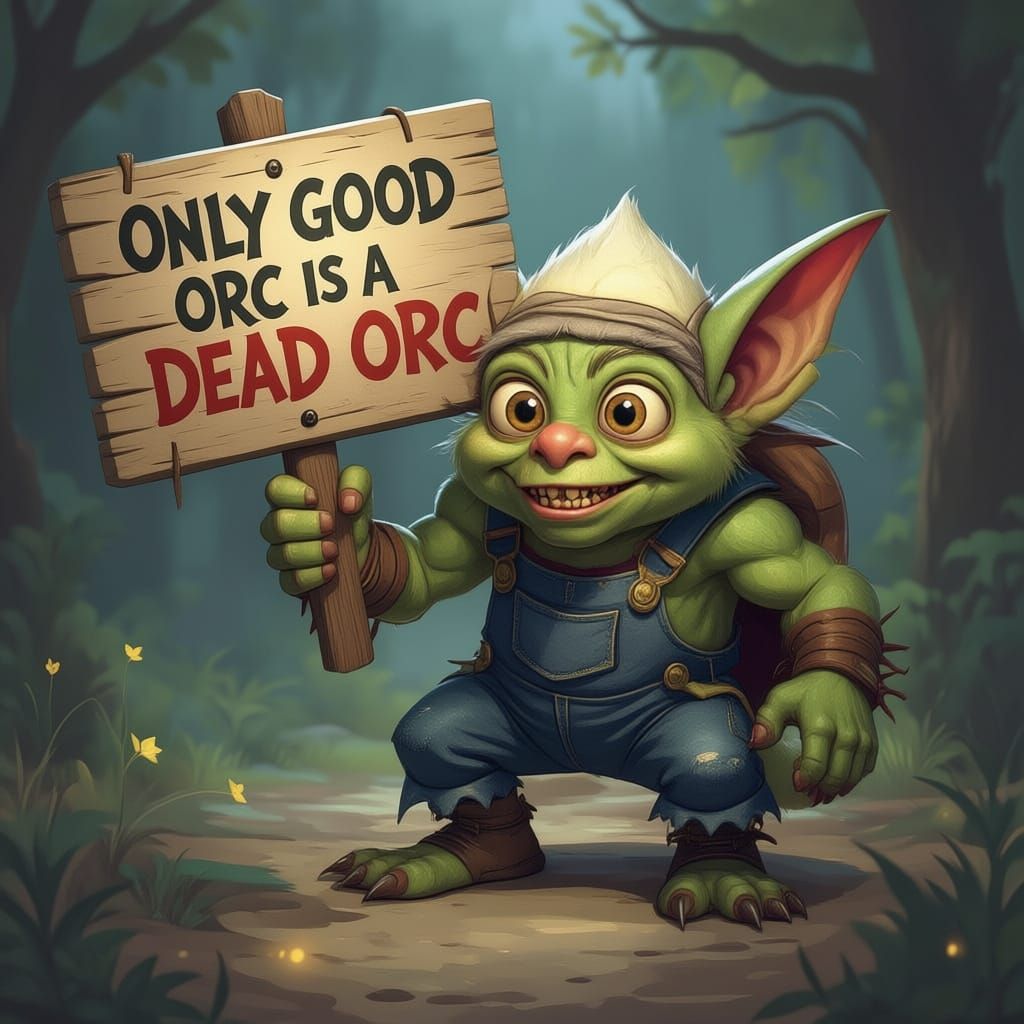 Cute Gremlin Holds Orc Slaying Sign