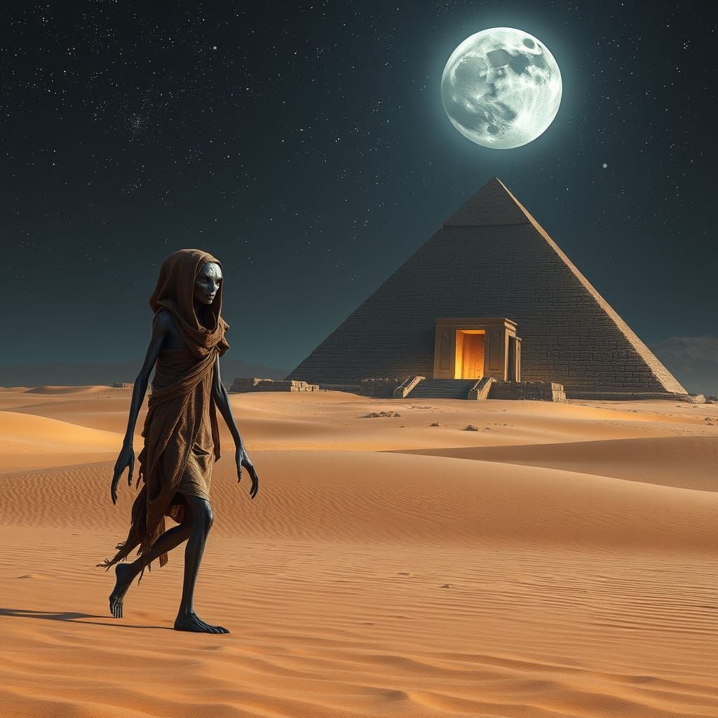Ancient Egyptian Mummy Pyramid Under Starry Night