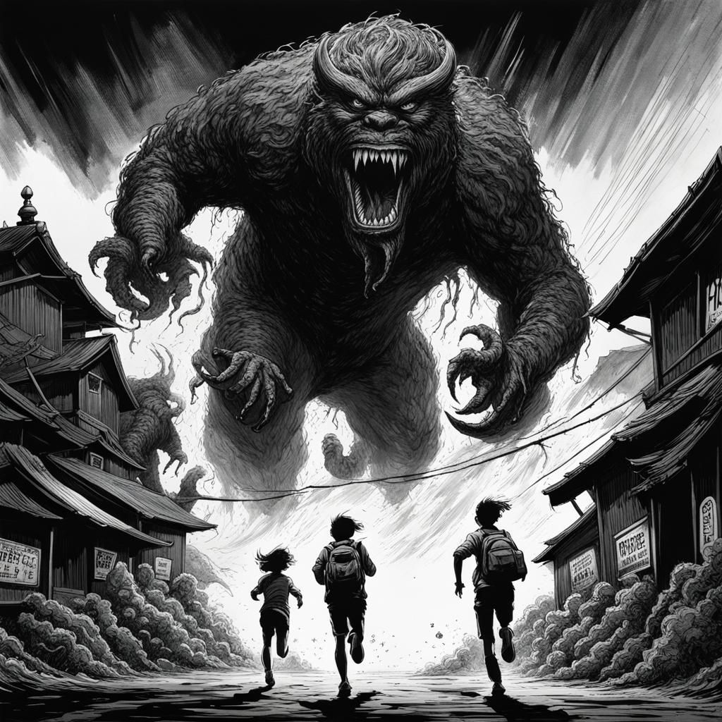 Terrified Teens Flee Ramen Monster in Ink Portrait