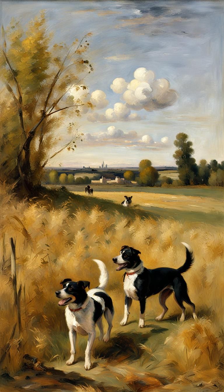 Dogs Playing in Wheatfield: Pastoral Landscape