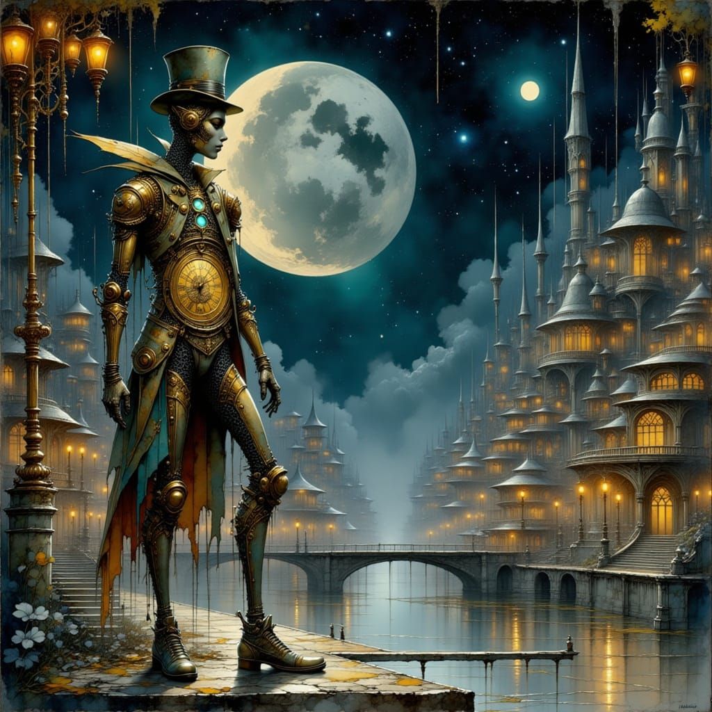 Victorian Automaton in Moonlit Steampunk City