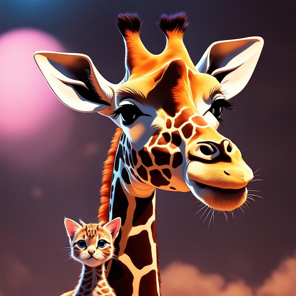 Giraffe Carries Kitten: Adorable Digital Art