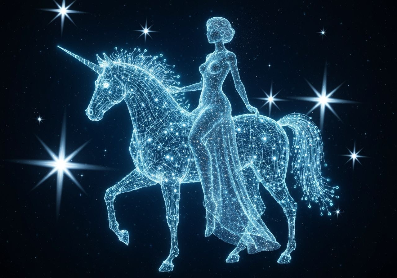 Ethereal Woman of Light Rides Electronic Unicorn