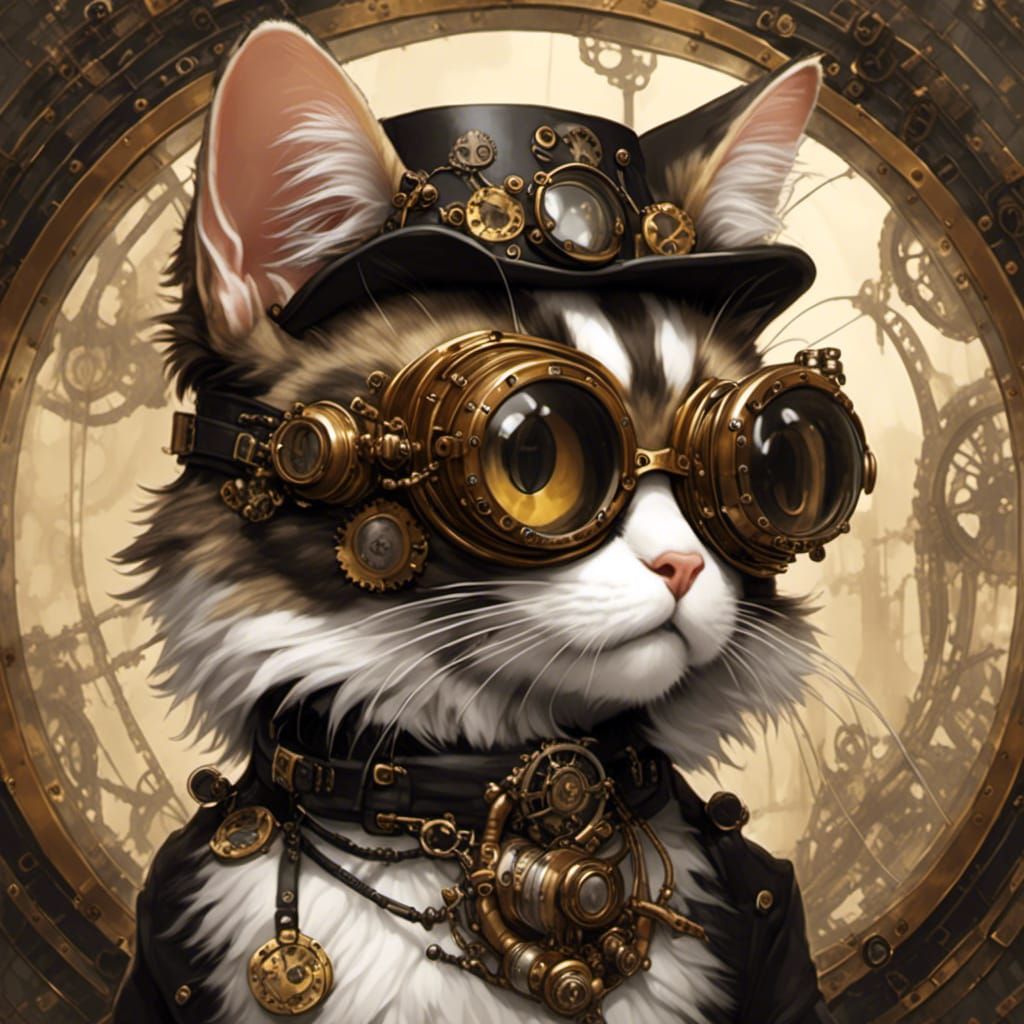 <lora:Steampunk:1.1>full-bodyportrait, full-body pose, Steampunk cats. Goggles, calico, black and white, cats, intricate...