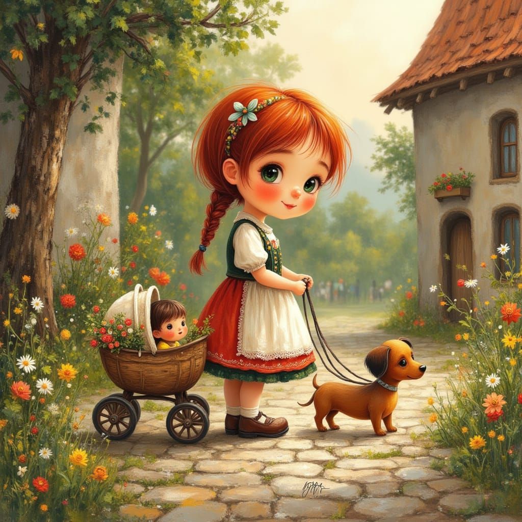 Bavarian Toddler Girl and Dachshund in Golden Hour