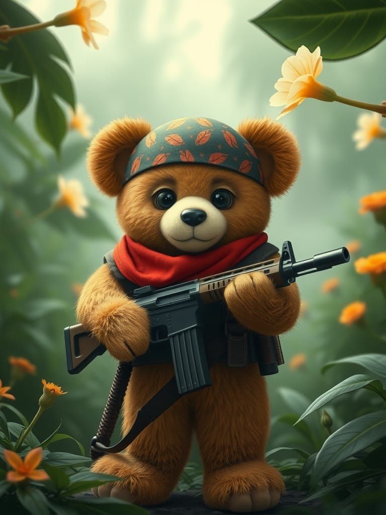 Rambo Teddy Bear in Vietnam Jungle, Storybook Style