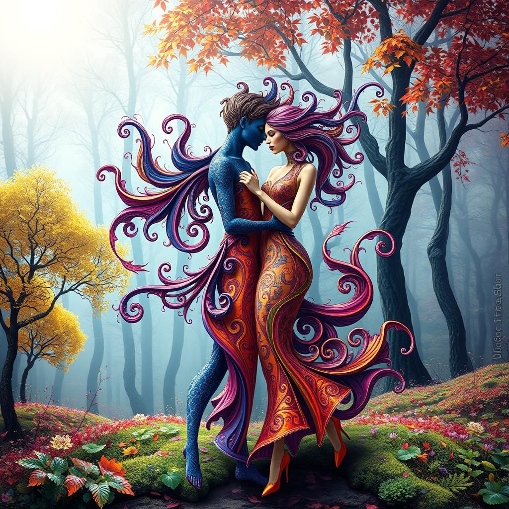 Fractal Couple Dancing in Forest, Dreamlike Image