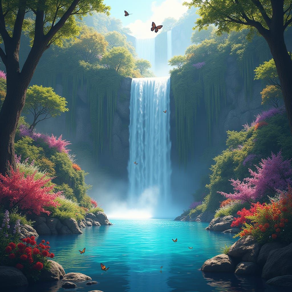 Lush Paradise Garden with Waterfall in Concept Art Style