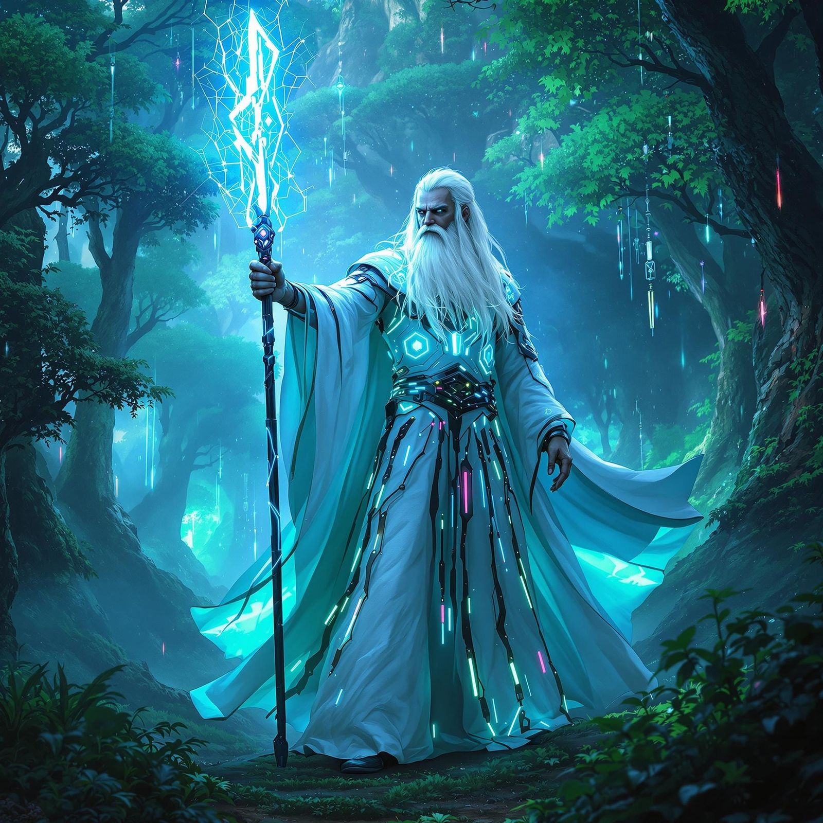 Cyberpunk Wizard in Digital Forest, Neon Art
