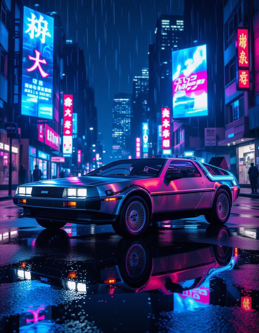 Cyberpunk De Lorean on Neon City Street