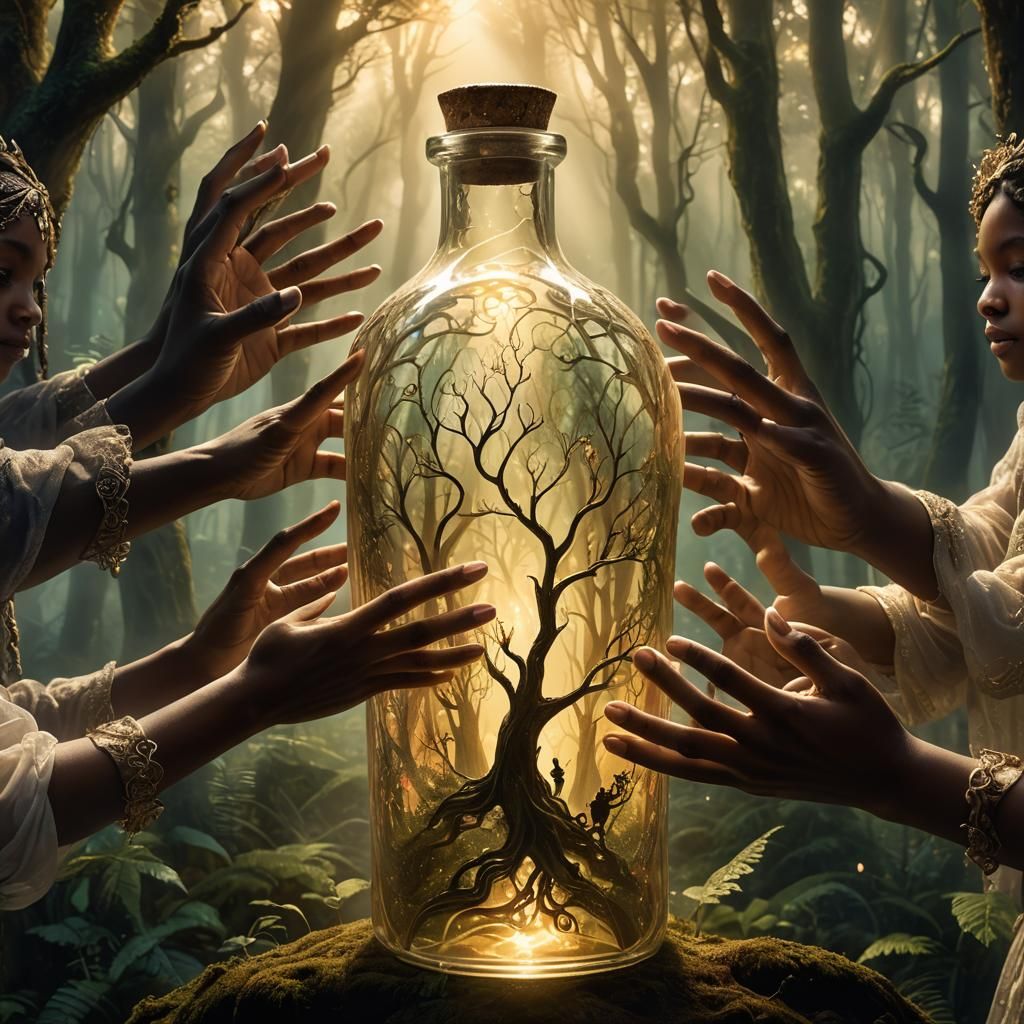 Enchanted Hands Reach for Forest in Glass Bottle