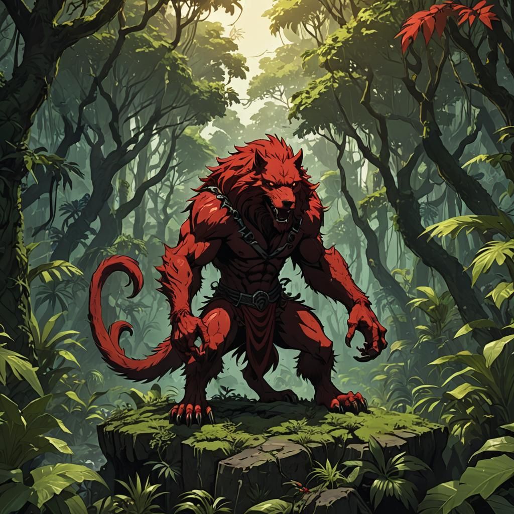 Fierce Red Werewolf in Jungle, Anime Style