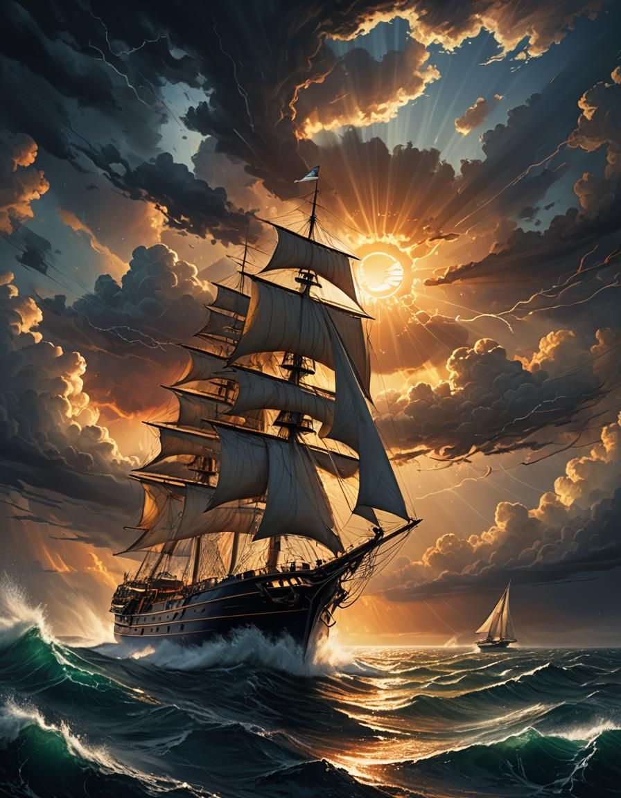 Yacht Navigating Towards Sunlight: Fantasy Concept Art