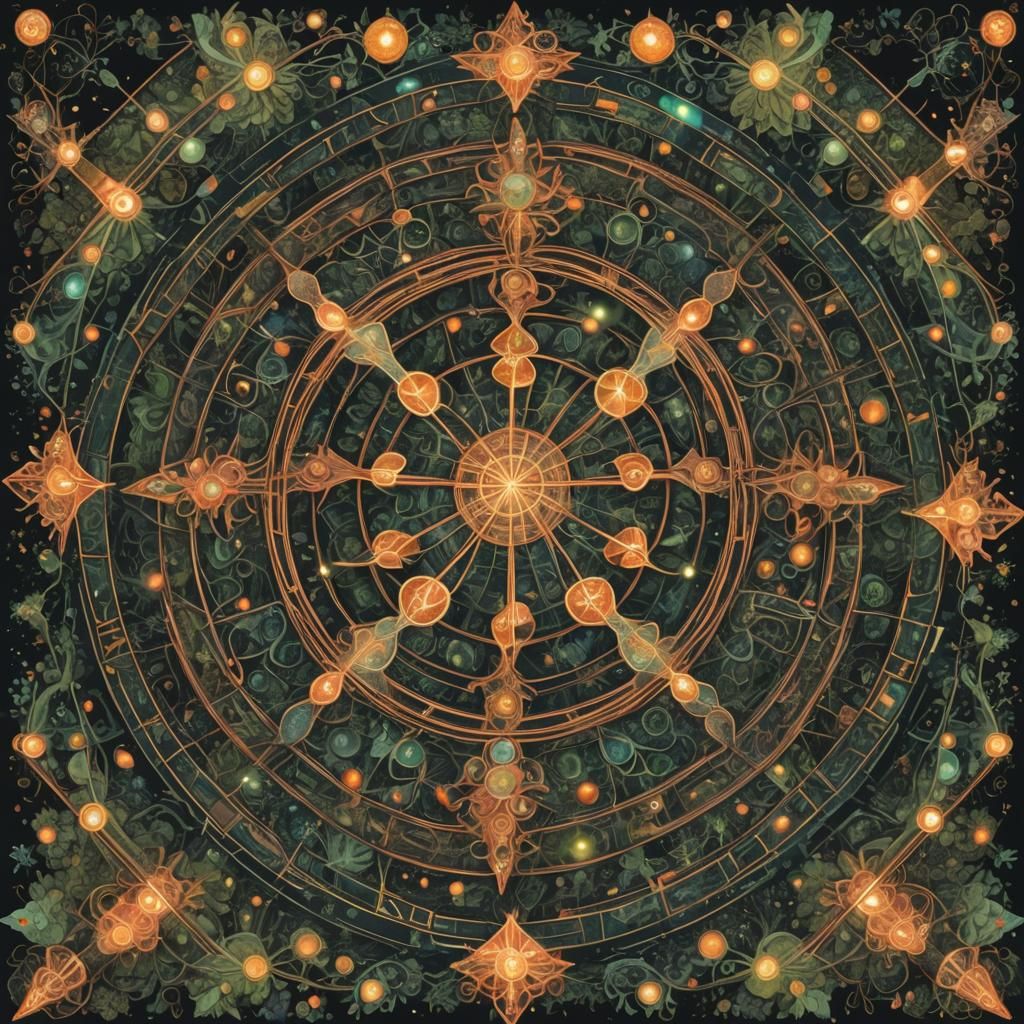 Psychedelic Labyrinth with Fireflies and Geometric Patterns