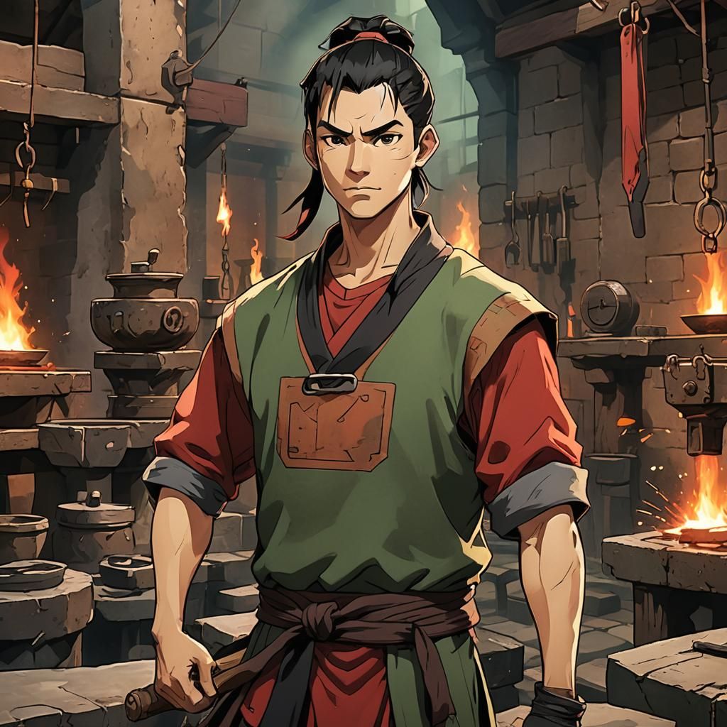 Avatar Style Blacksmith with Ponytail and Anvil