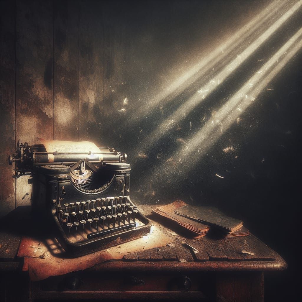 Dark Fantasy Novel Scene: Antique Typewriter on Dusty Desk