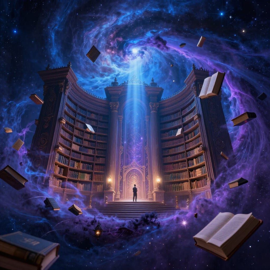 Cosmic Library in Swirling Nebula