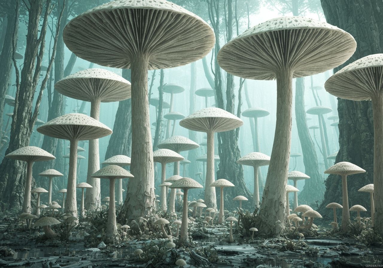 Surreal Futuristic Forest of Giant Pale Mushrooms