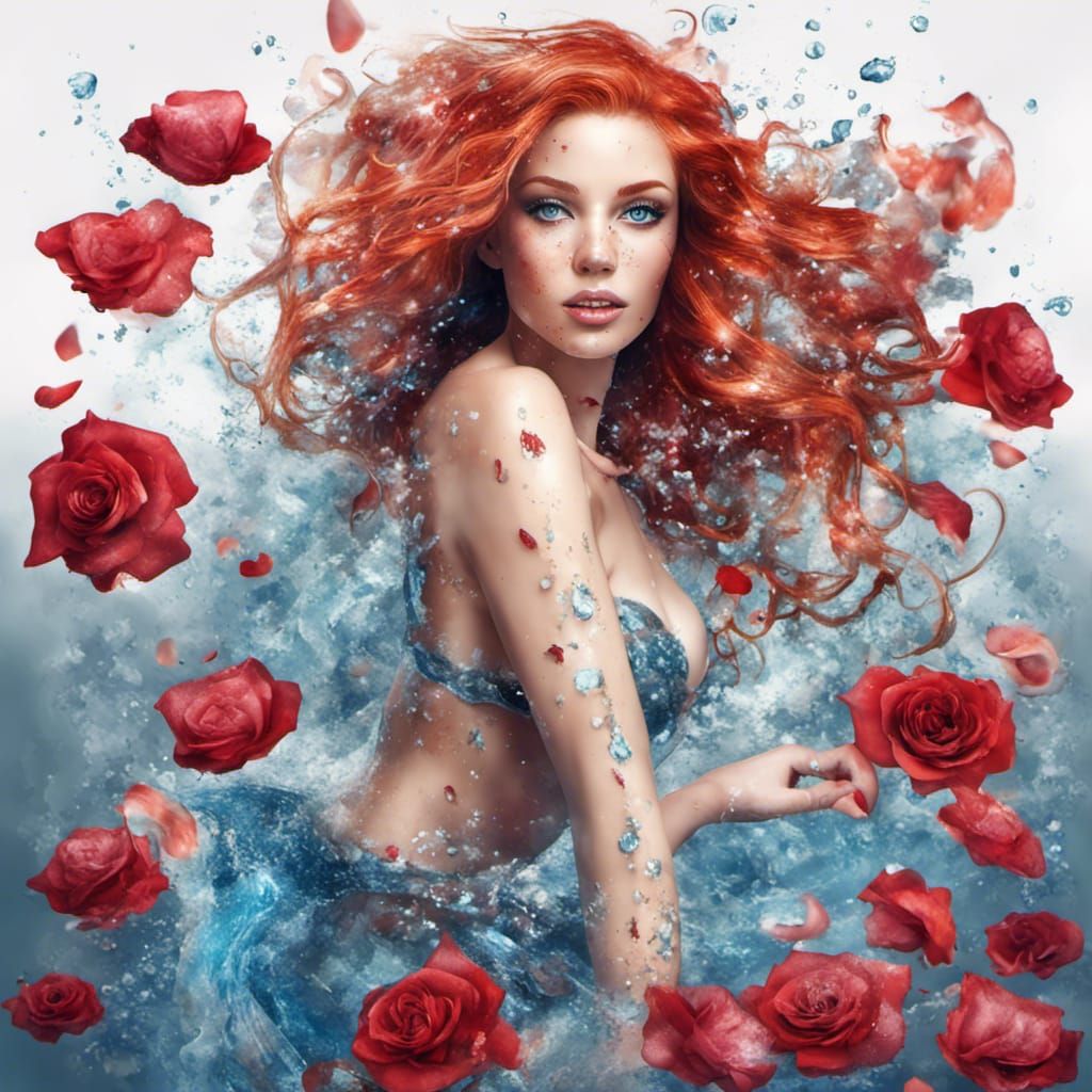 Glittering Mermaid with Rose Petals in Splash Art