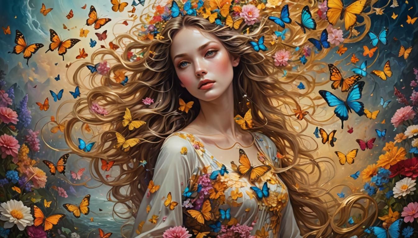 Hyperrealistic Dream Woman in Surreal Landscape