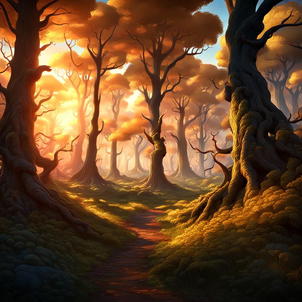 Sunset Glow Through Whispering Woods: Fantasy Concept Art