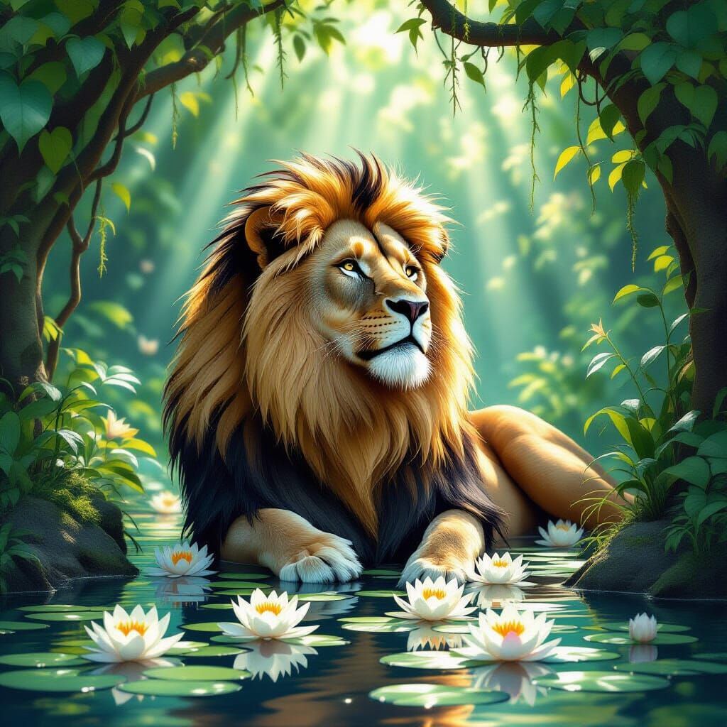 Lion with Water Lily Mane in Grotto, Hyperrealistic Art