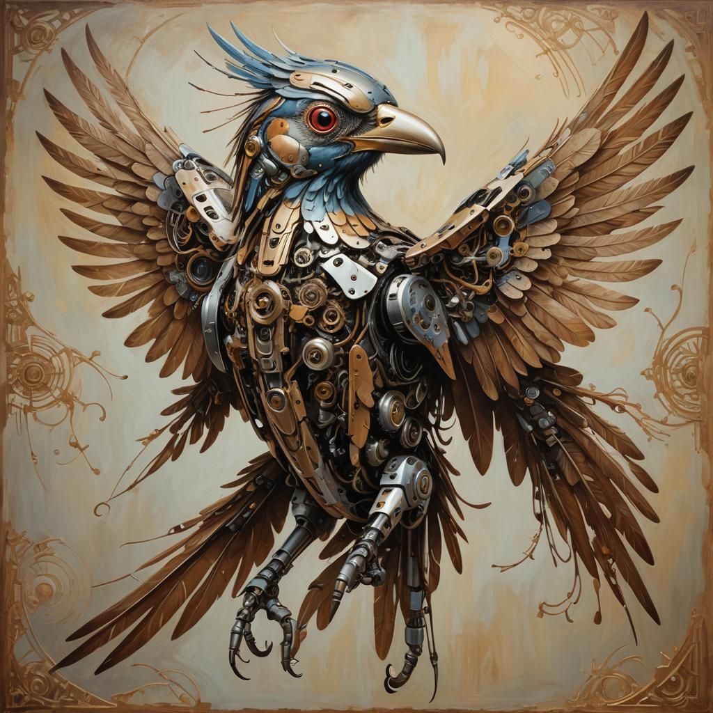 Cyborg Bird with Mechanical Wings Oil Painting