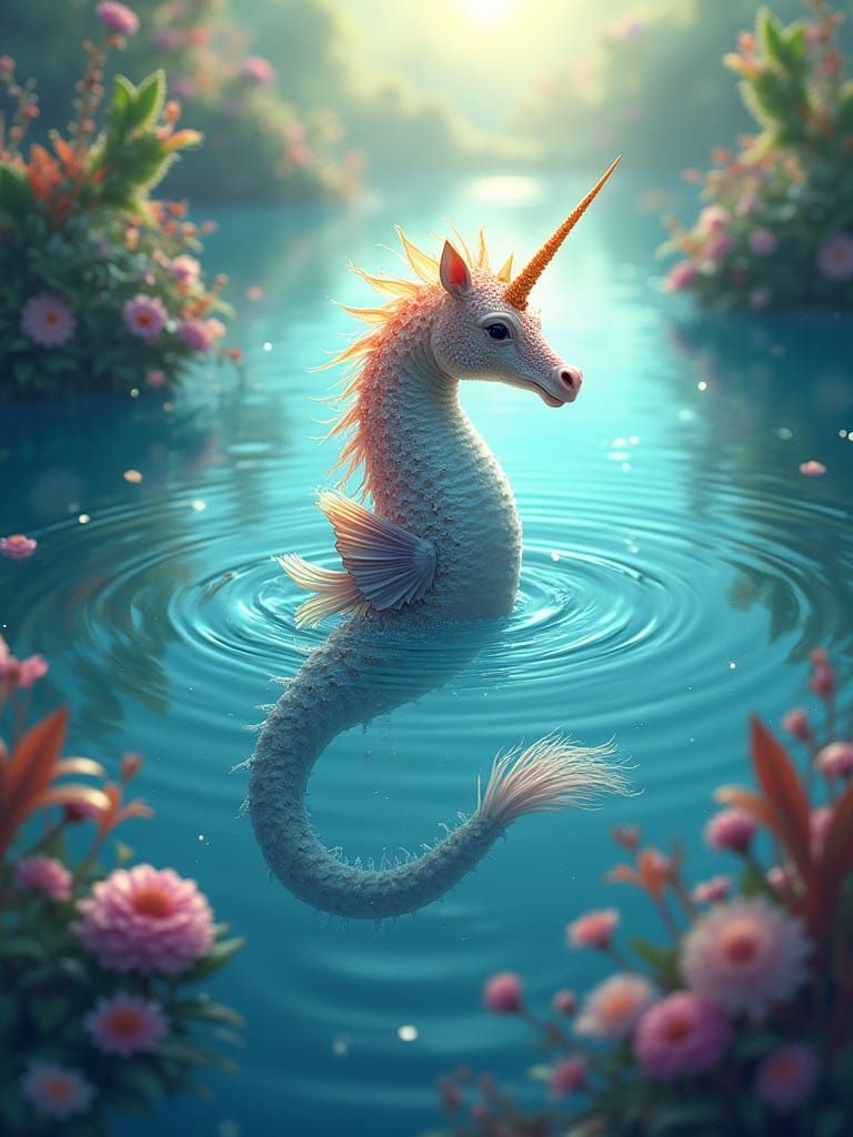 Ethereal Seahorse Unicorn Dives into Dreamy Lake
