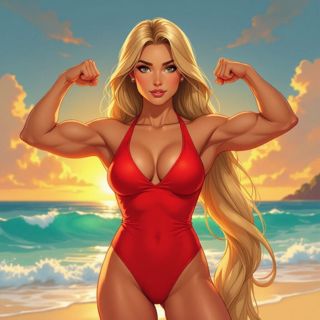 Muscular Rapunzel in Red Bathing Suit on Tropical Beach