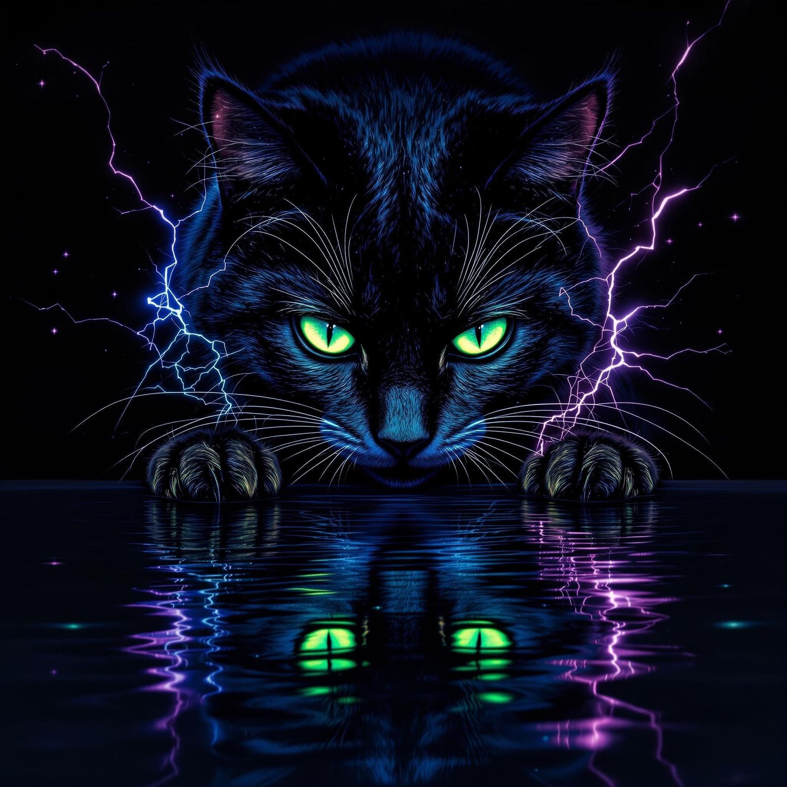 Iridescent Midnight Cat in Electric Dreamscape
