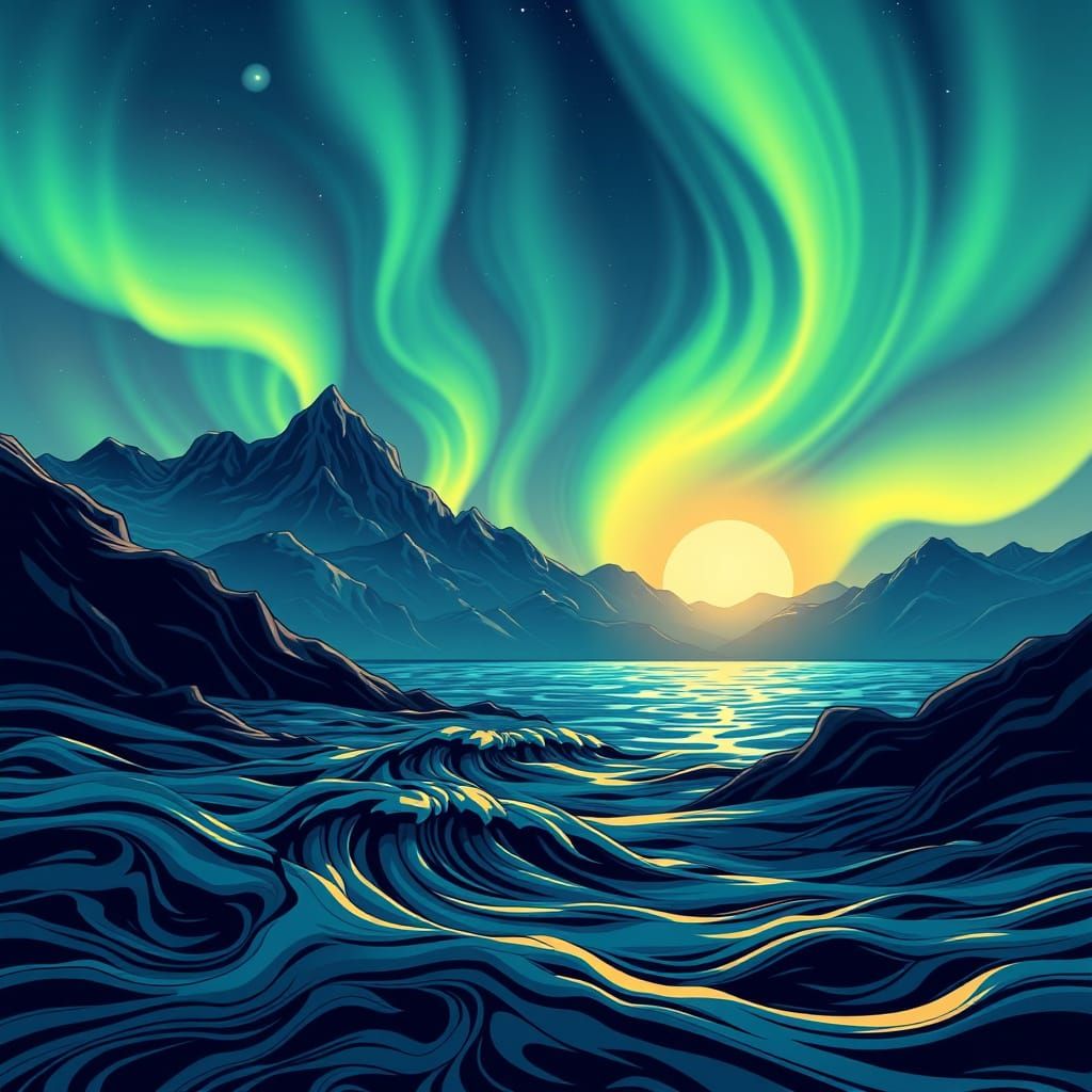 Aurora Shimmer on Serene Water Planet